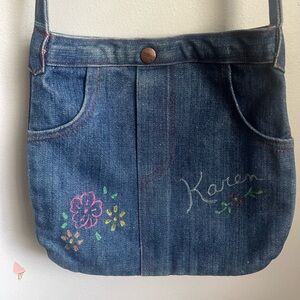 70s Vintage KAREN Blue Jean Denim Purse Shoulder Bag Handmade Handpainted Boho